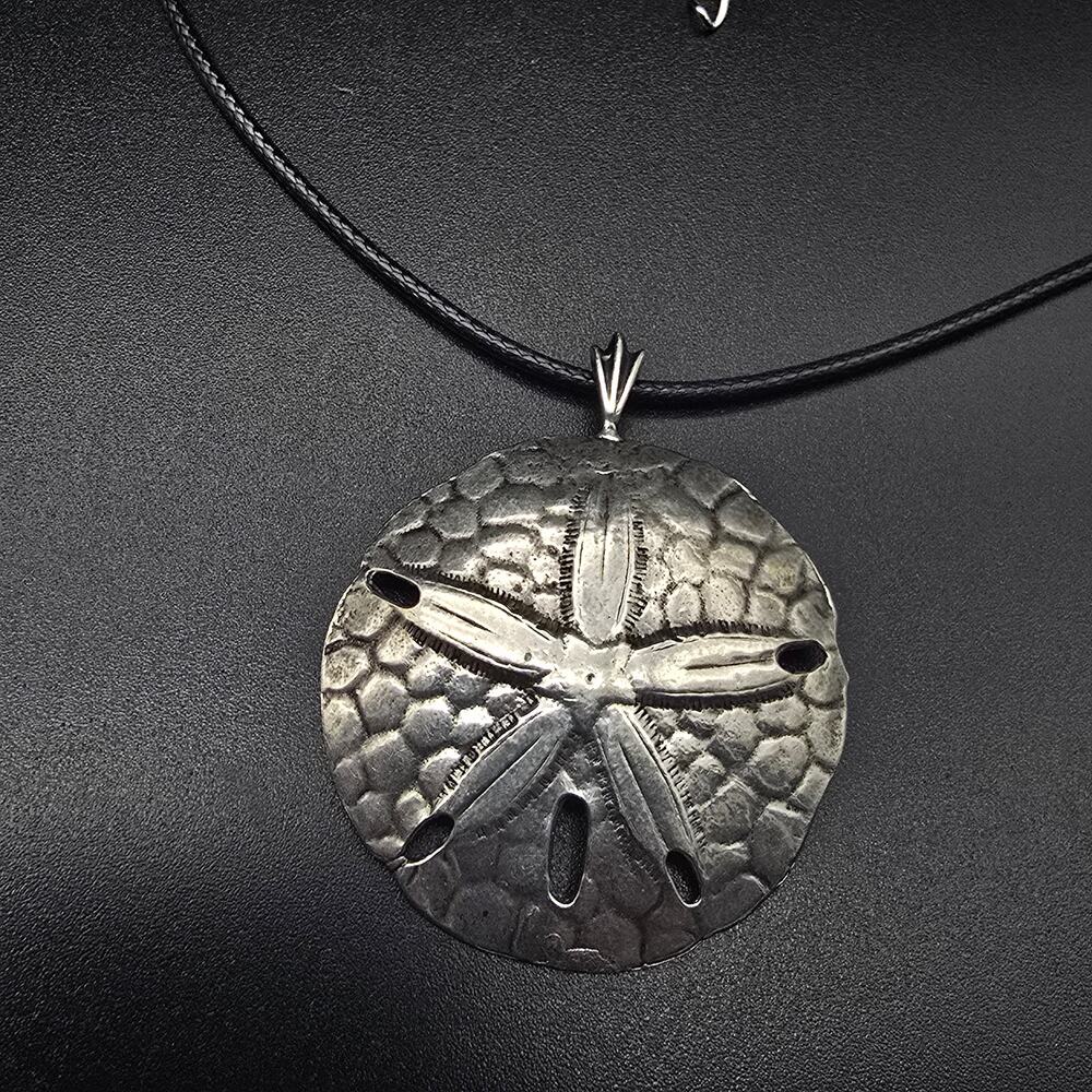 Sterling Silver Sand Dollar Pendant Necklace On Black Cord Beachy Summer